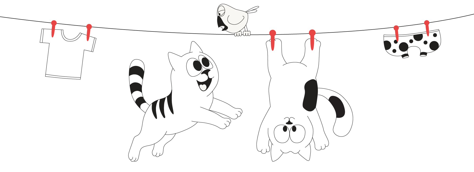 Mote and Kote playing on a clothesline with a little bird